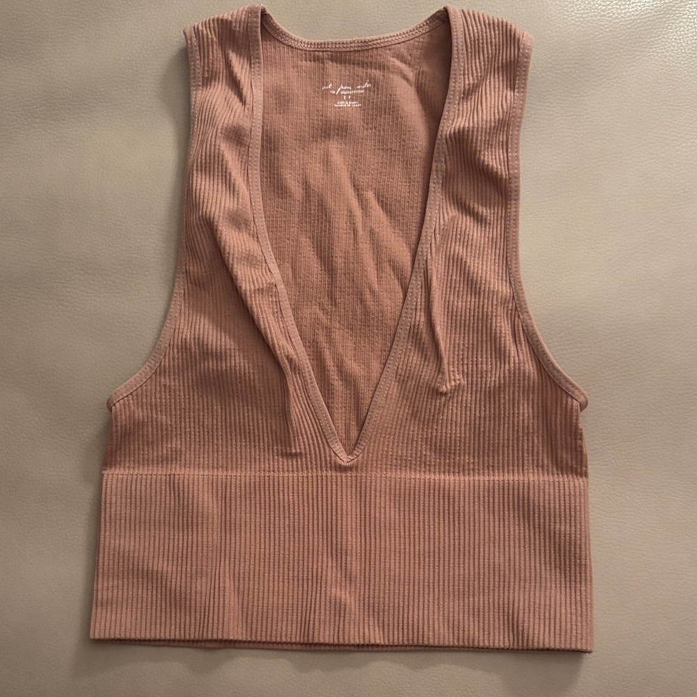 Urban Outfitters Ribbed Deep V Crop Top in Brown